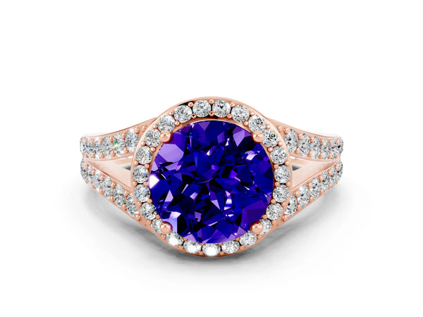 Rose gold Round Cut Tanzanite Split Shank Halo Ring with Four-Prong Setting