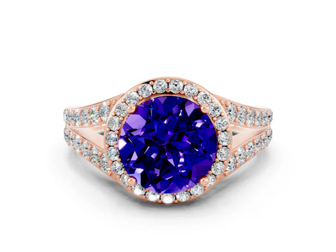 Rose gold Round Cut Tanzanite Split Shank Halo Ring with Four-Prong Setting_12