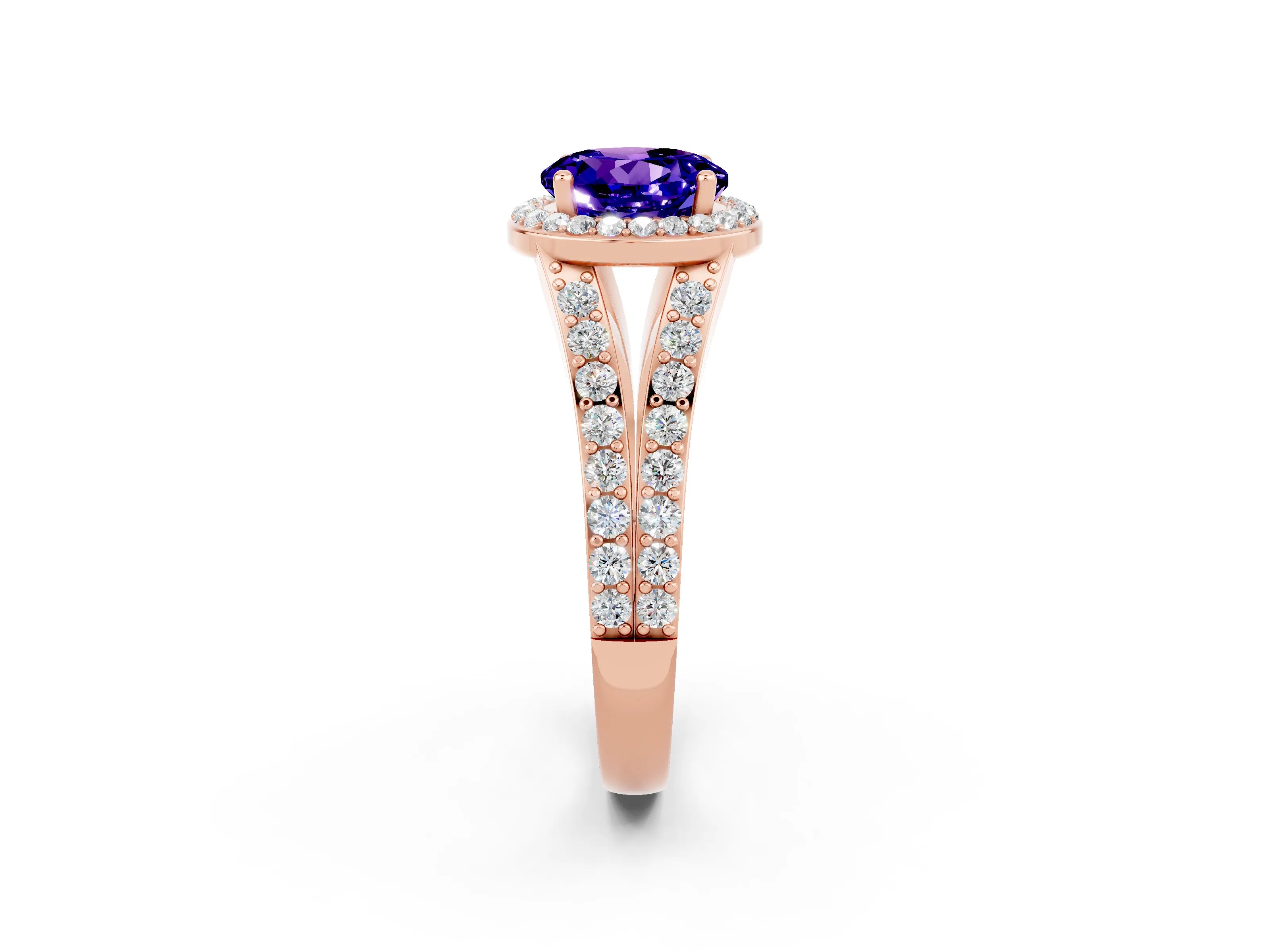 Rose gold Round Cut Tanzanite Split Shank Halo Ring with Four-Prong Setting_14
