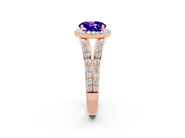 Rose gold Round Cut Tanzanite Split Shank Halo Ring with Four-Prong Setting