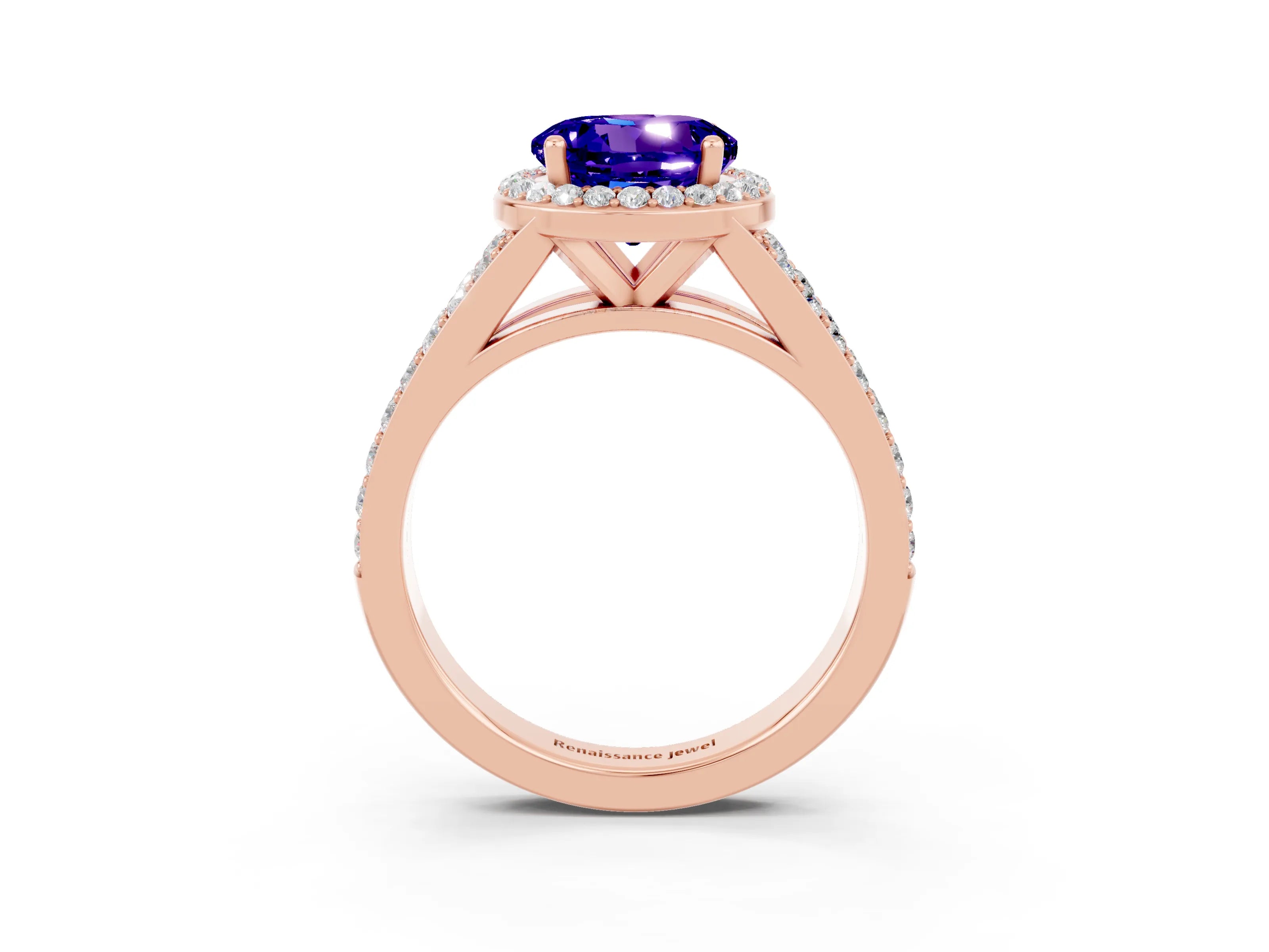 Rose gold Round Cut Tanzanite Split Shank Halo Ring with Four-Prong Setting_15