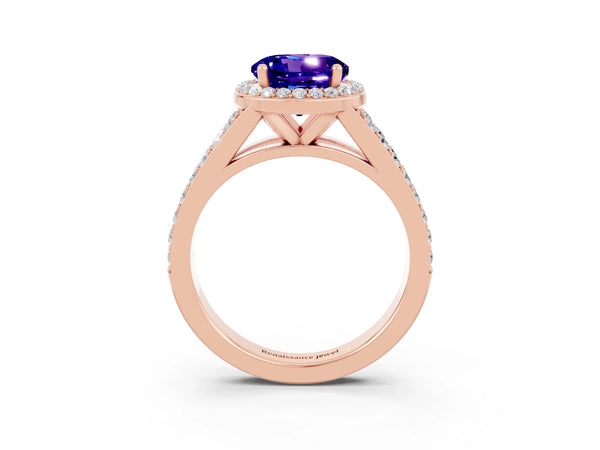 Rose gold Round Cut Tanzanite Split Shank Halo Ring with Four-Prong Setting