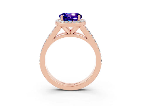 Rose gold Round Cut Tanzanite Split Shank Halo Ring with Four-Prong Setting_15
