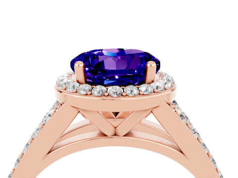 Rose gold Round Cut Tanzanite Split Shank Halo Ring with Four-Prong Setting_16