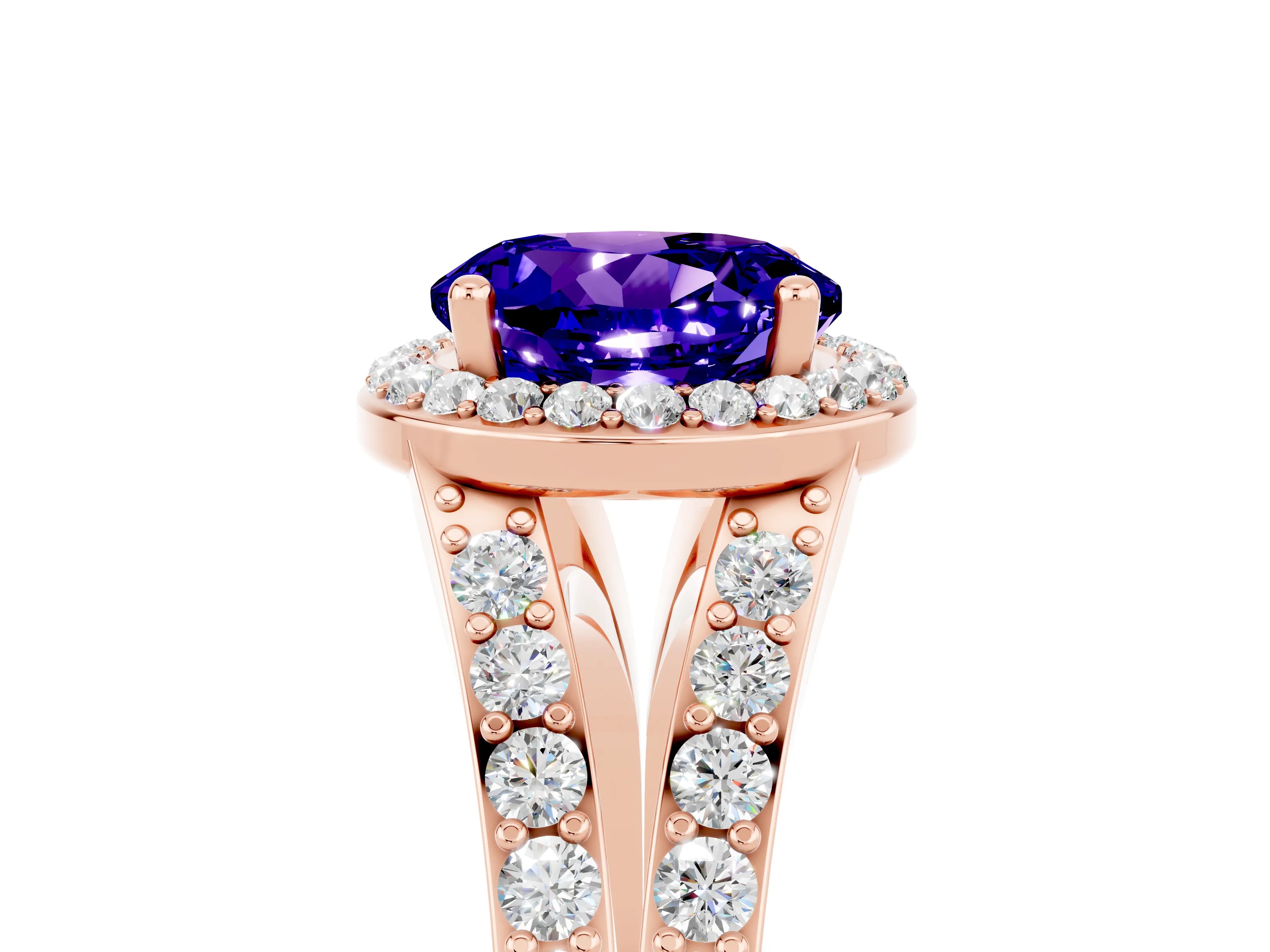 Rose gold Round Cut Tanzanite Split Shank Halo Ring with Four-Prong Setting_17