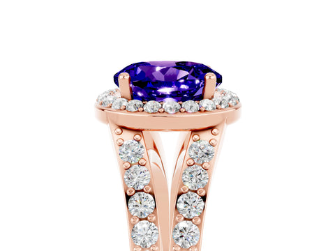 Rose gold Round Cut Tanzanite Split Shank Halo Ring with Four-Prong Setting_17