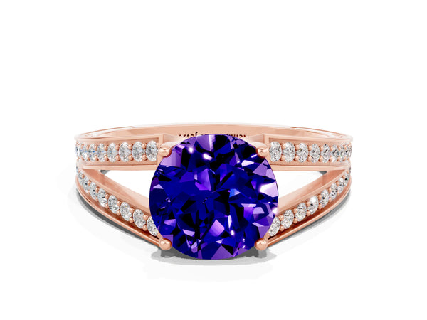 Rose gold Round Cut Tanzanite Split Shank Ring with Pavé Band and Four-Prong Setting