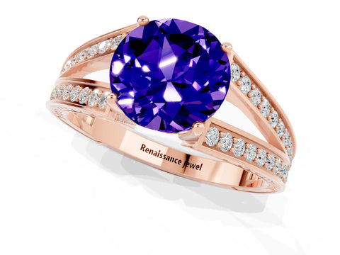 Rose gold Round Cut Tanzanite Split Shank Ring with Pavé Band and Four-Prong Setting_1