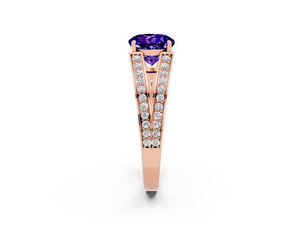 Rose gold Round Cut Tanzanite Split Shank Ring with Pavé Band and Four-Prong Setting