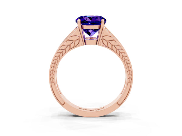 Rose gold Round Cut Tanzanite Split Shank Ring with Pavé Band and Four-Prong Setting