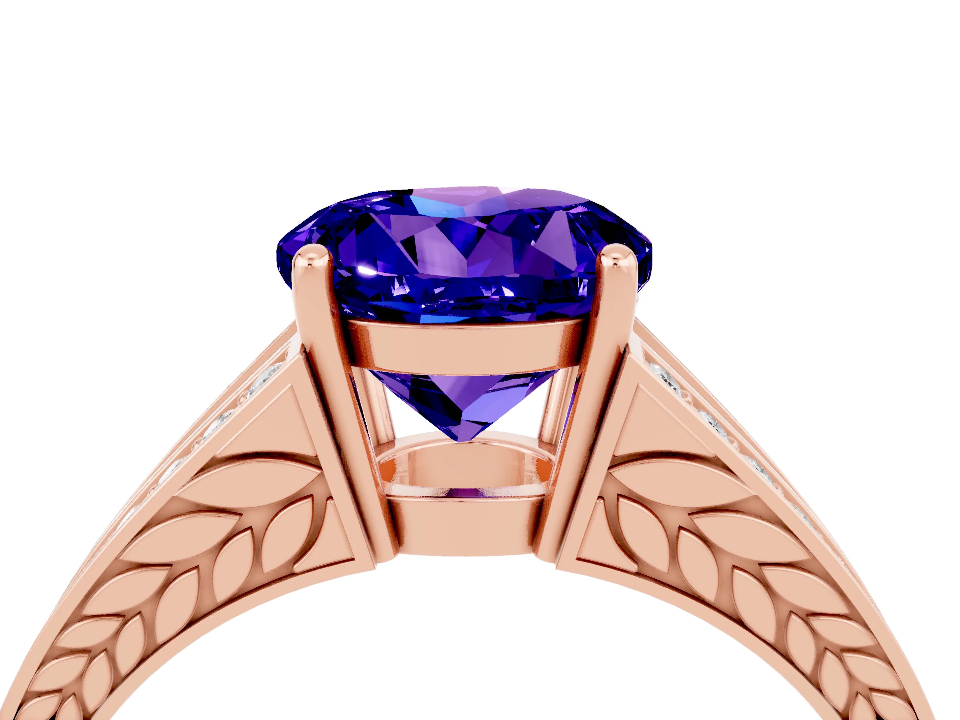 Rose gold Round Cut Tanzanite Split Shank Ring with Pavé Band and Four-Prong Setting_4