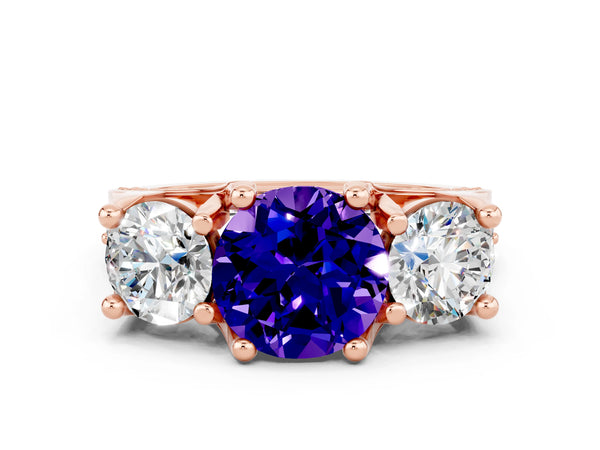 Rose gold Round Cut Tanzanite Three-Stone Ring with Channel Set Band and Four-Prong Setting