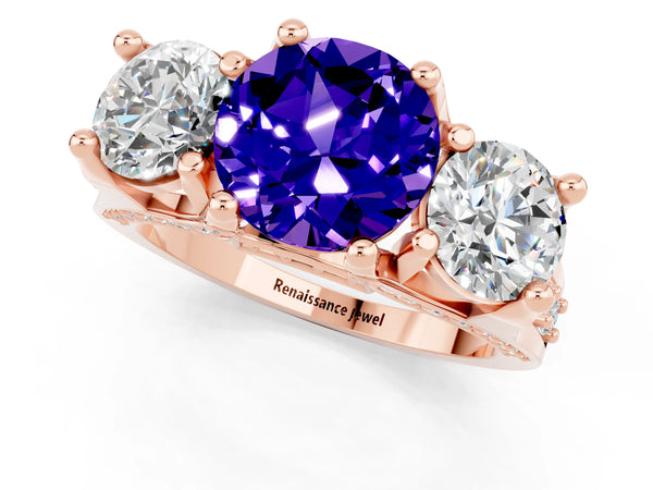 Rose gold Round Cut Tanzanite Three-Stone Ring with Channel Set Band and Four-Prong Setting