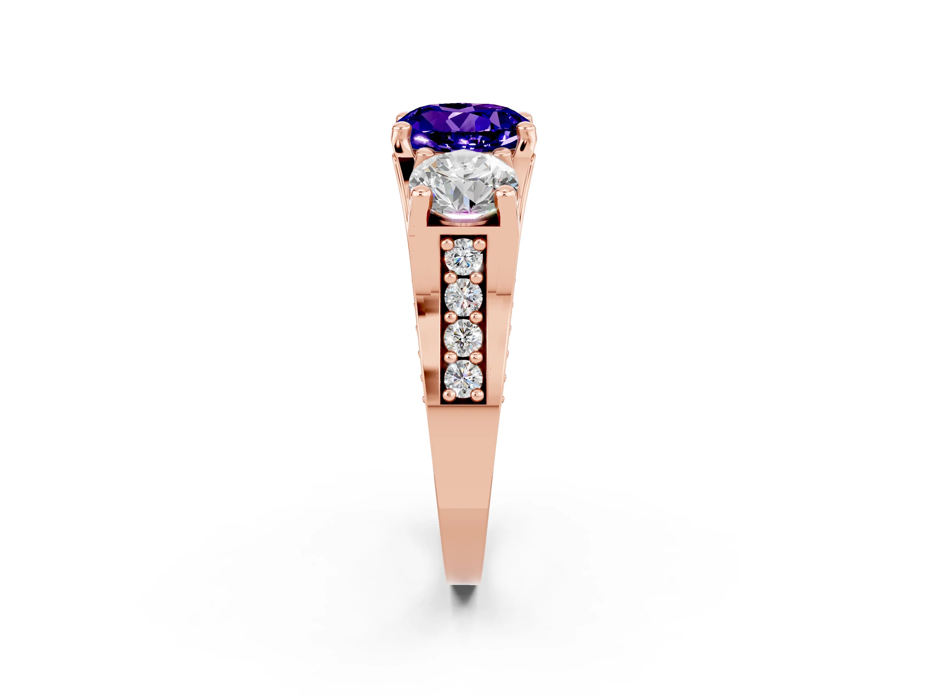 Rose gold Round Cut Tanzanite Three-Stone Ring with Channel Set Band and Four-Prong Setting_2