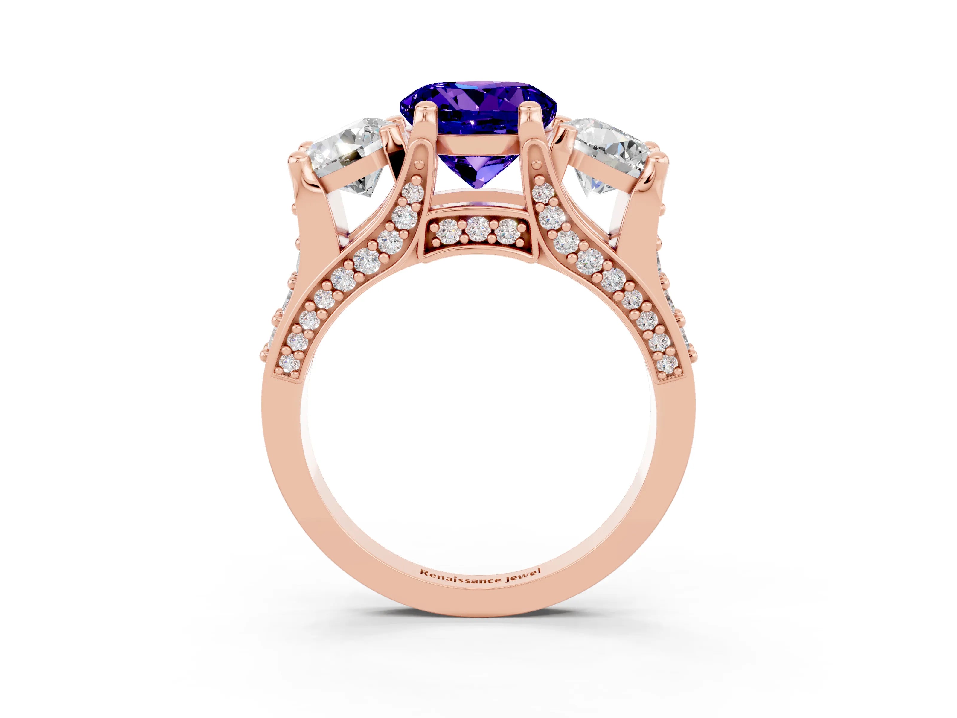 Rose gold Round Cut Tanzanite Three-Stone Ring with Channel Set Band and Four-Prong Setting_3