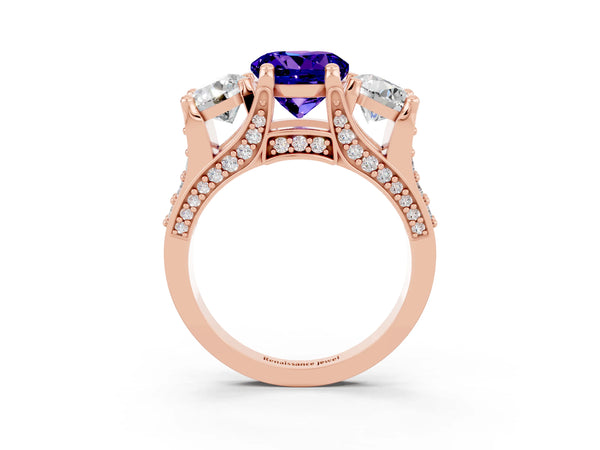 Rose gold Round Cut Tanzanite Three-Stone Ring with Channel Set Band and Four-Prong Setting