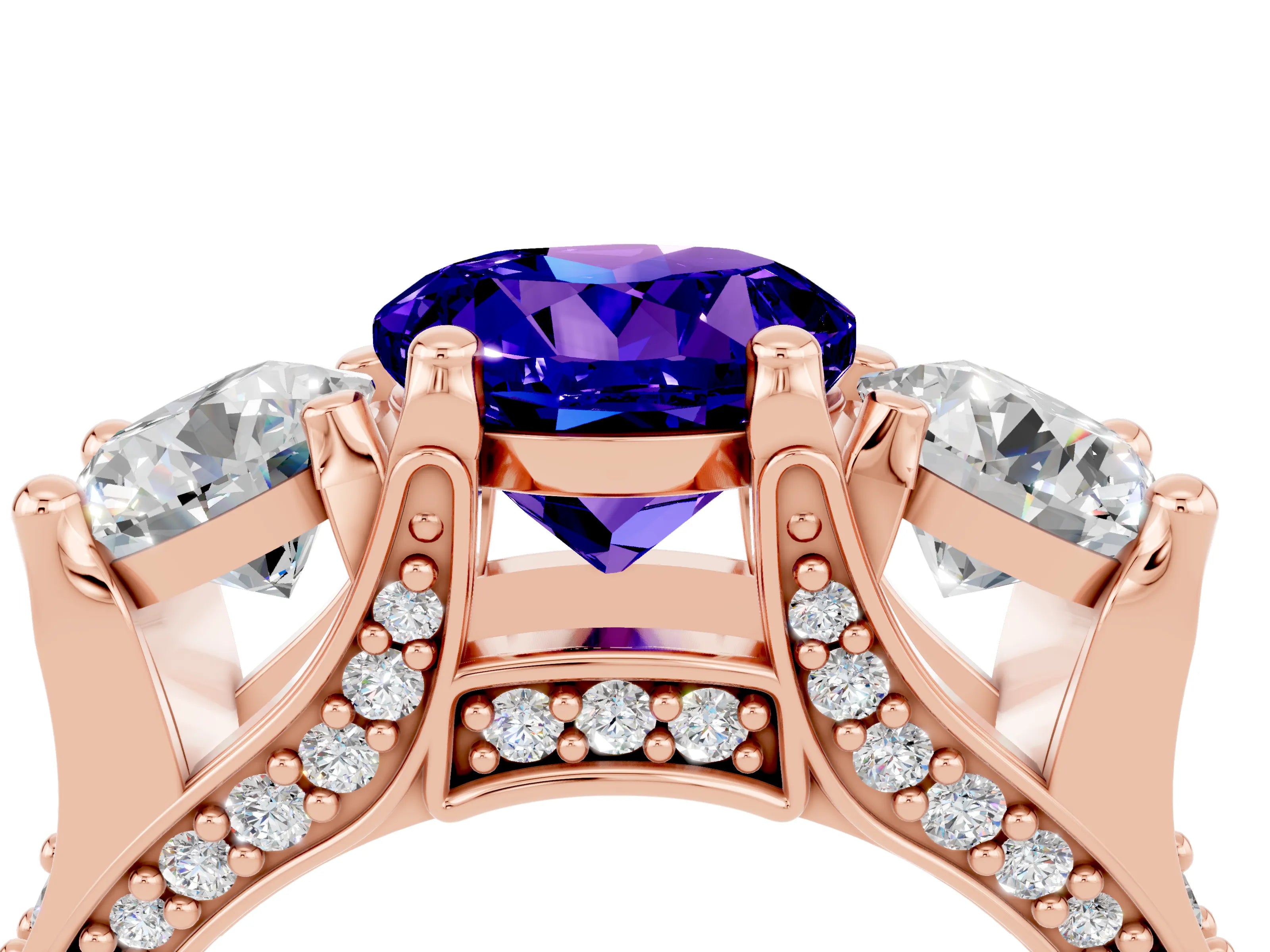 Rose gold Round Cut Tanzanite Three-Stone Ring with Channel Set Band and Four-Prong Setting_4