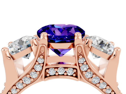 Rose gold Round Cut Tanzanite Three-Stone Ring with Channel Set Band and Four-Prong Setting_4