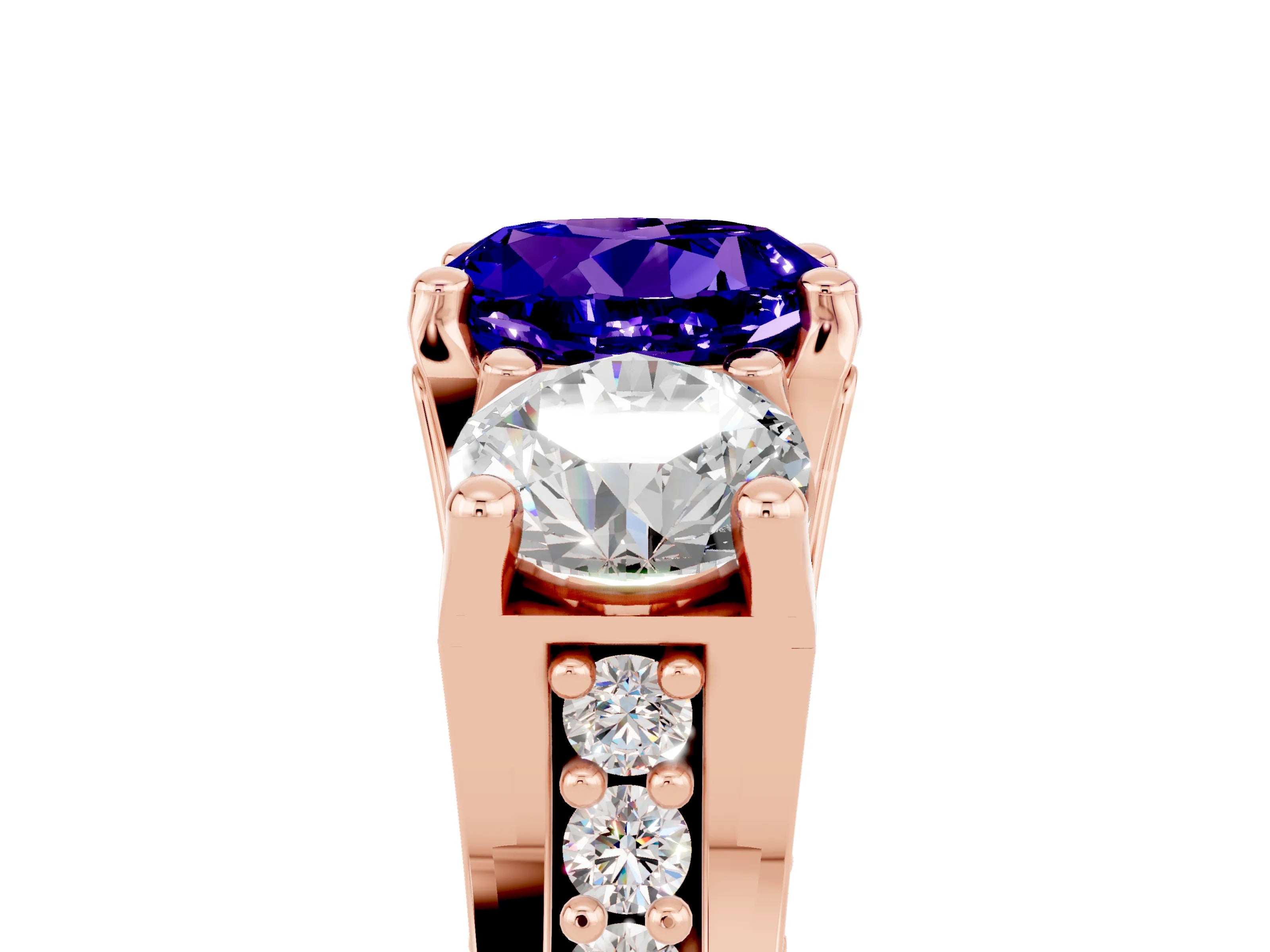 Rose gold Round Cut Tanzanite Three-Stone Ring with Channel Set Band and Four-Prong Setting_5