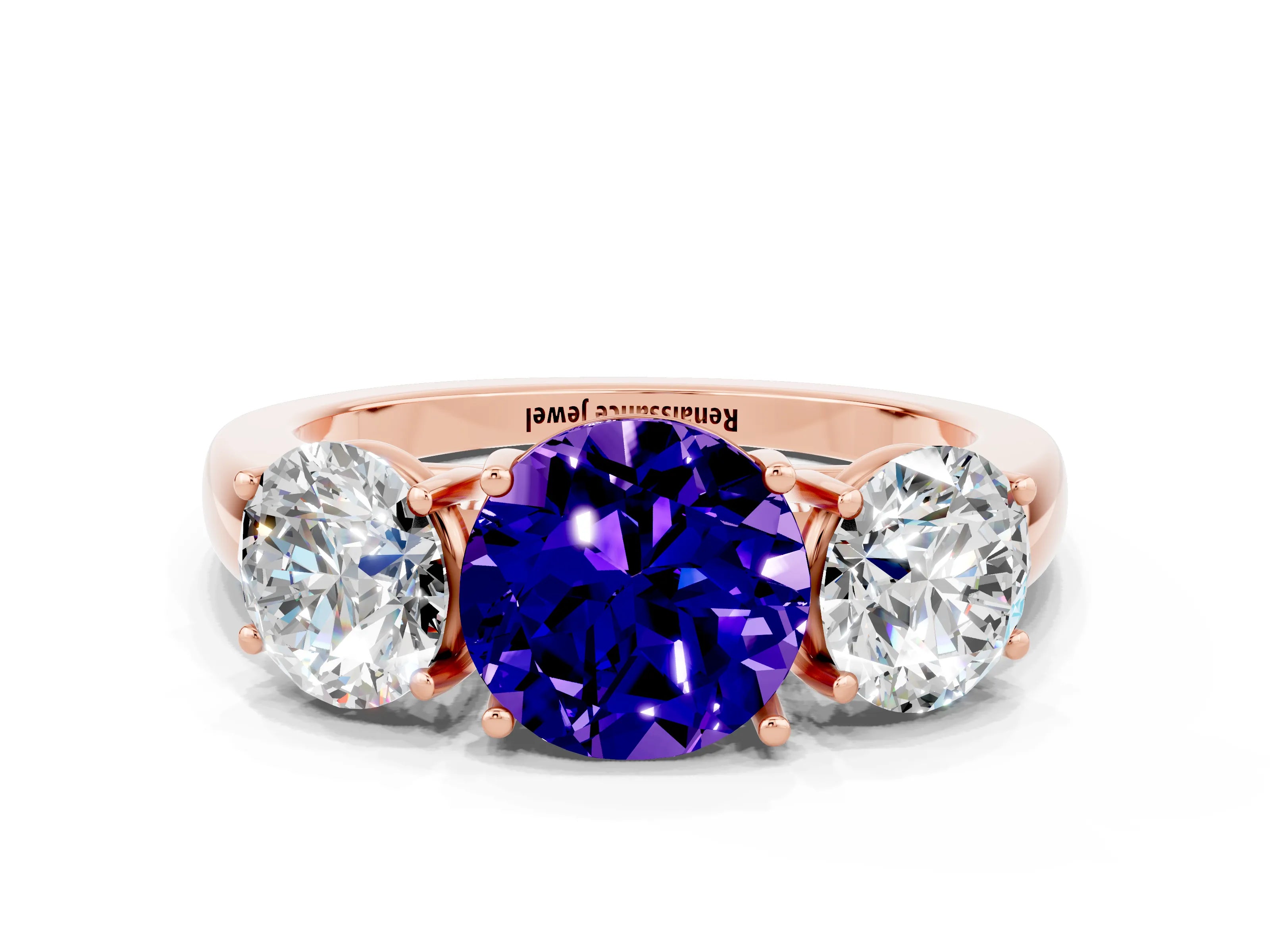 Rose gold Round Cut Tanzanite Three-Stone Ring with Four-Prong Setting and Classic Band