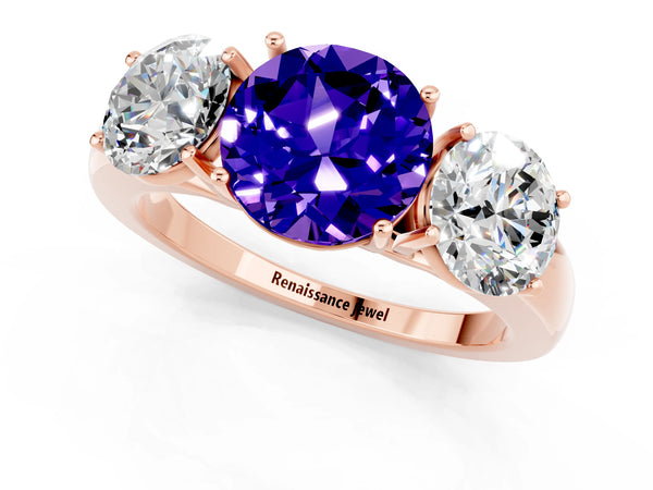 Rose gold Round Cut Tanzanite Three-Stone Ring with Four-Prong Setting and Classic Band