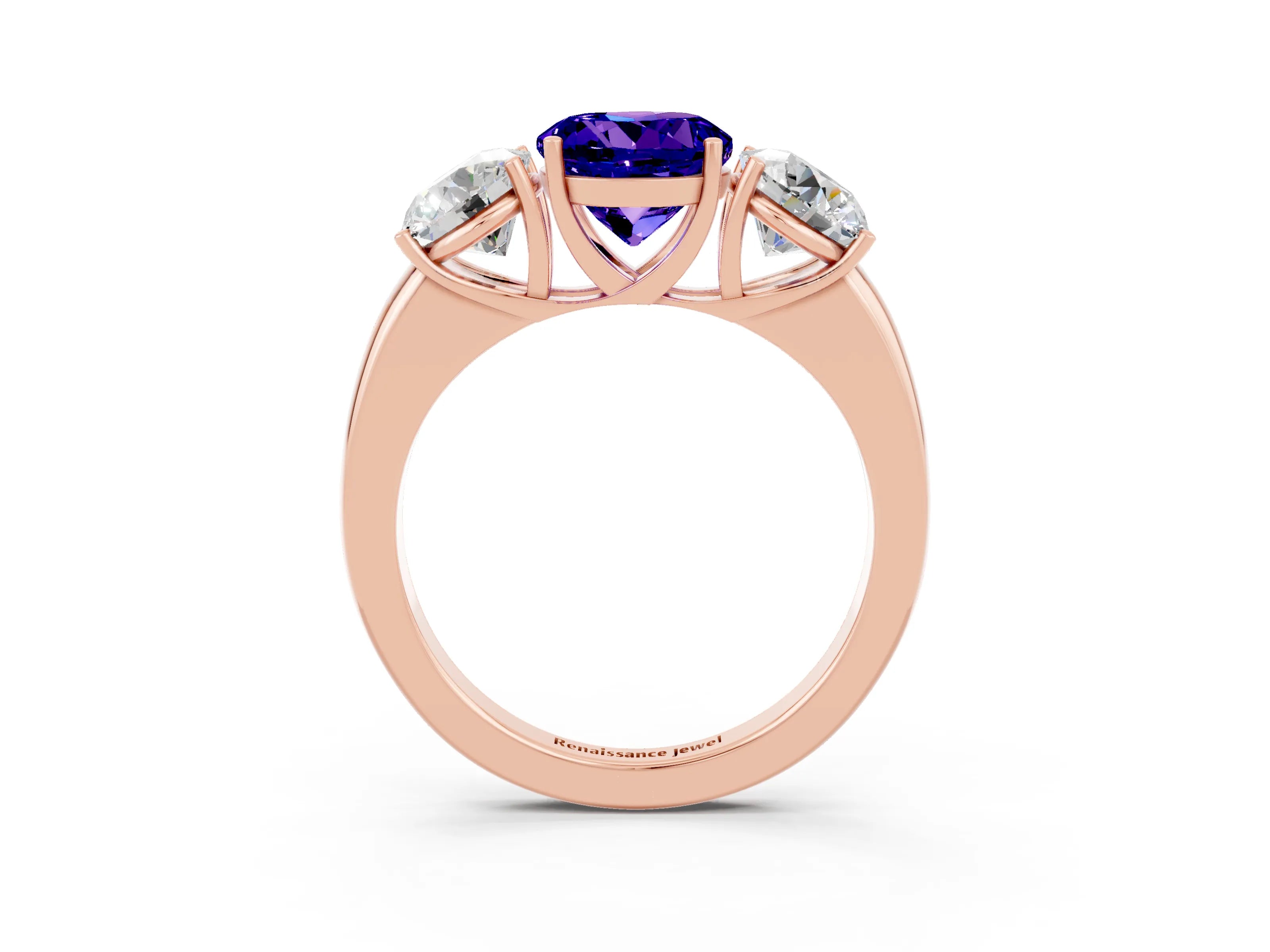 Rose gold Round Cut Tanzanite Three-Stone Ring with Four-Prong Setting and Classic Band_3