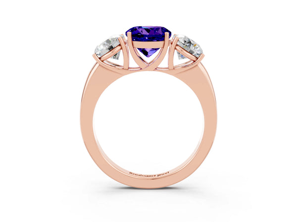 Rose gold Round Cut Tanzanite Three-Stone Ring with Four-Prong Setting and Classic Band