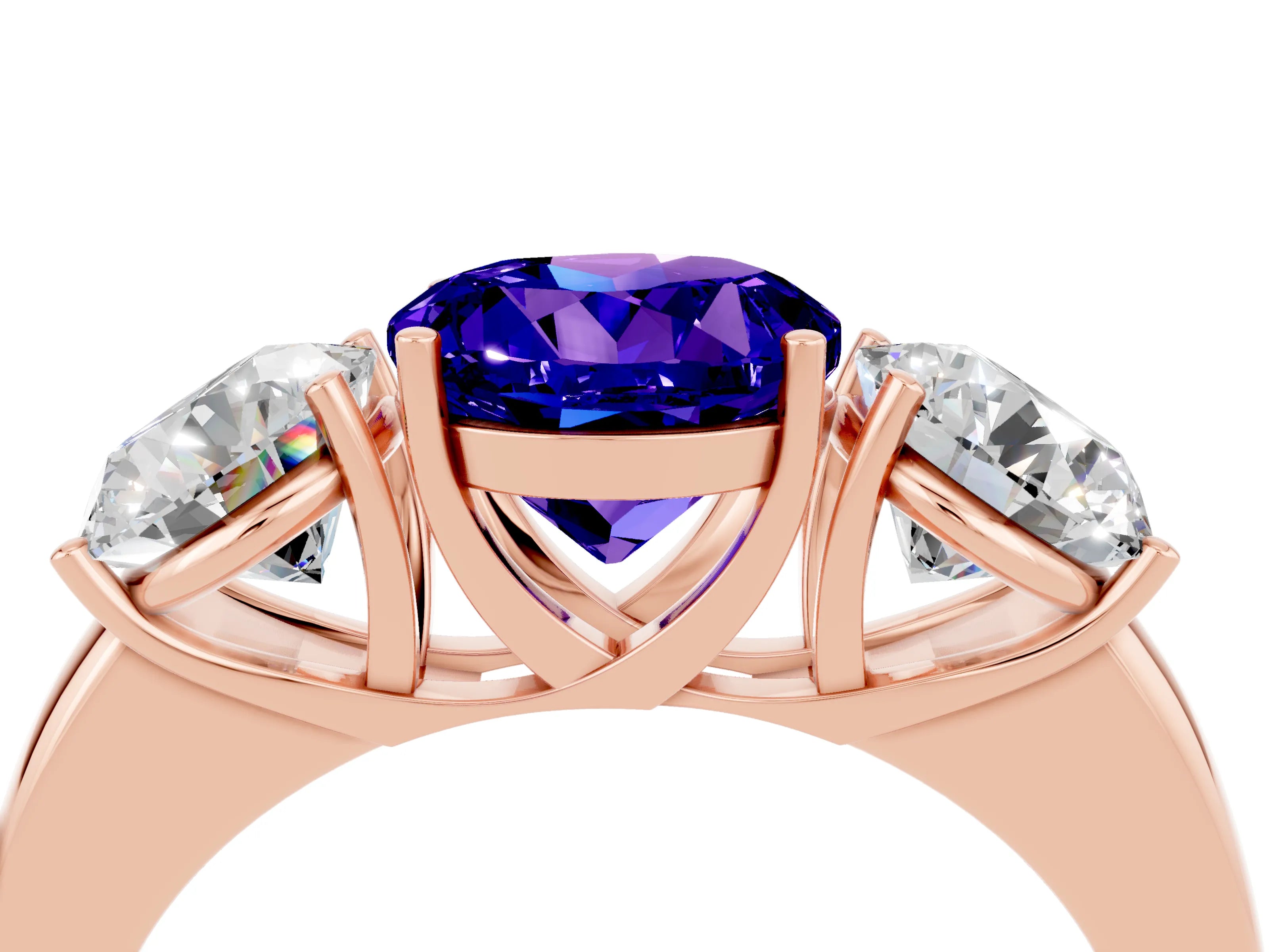 Rose gold Round Cut Tanzanite Three-Stone Ring with Four-Prong Setting and Classic Band_4