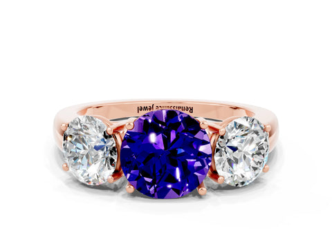 Rose gold Round Cut Tanzanite Three-Stone Ring with Four-Prong Setting and Classic Band