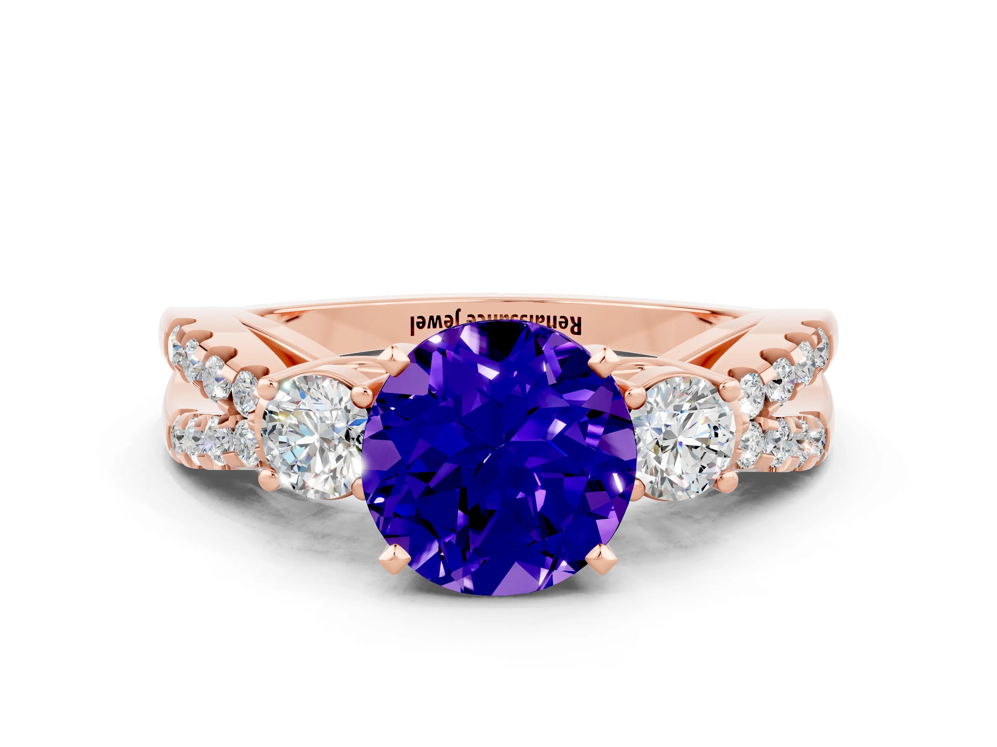 Rose gold Round Cut Tanzanite Three-Stone Ring with Pavé Split Shank and Four-Prong Setting