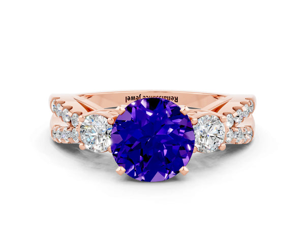 Rose gold Round Cut Tanzanite Three-Stone Ring with Pavé Split Shank and Four-Prong Setting