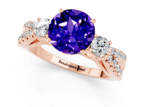 Rose gold Round Cut Tanzanite Three-Stone Ring with Pavé Split Shank and Four-Prong Setting_1