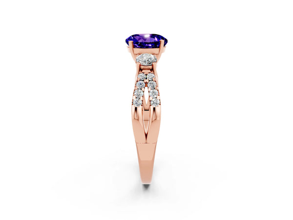 Rose gold Round Cut Tanzanite Three-Stone Ring with Pavé Split Shank and Four-Prong Setting