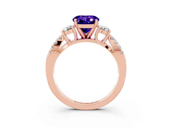 Rose gold Round Cut Tanzanite Three-Stone Ring with Pavé Split Shank and Four-Prong Setting