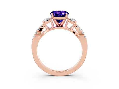 Rose gold Round Cut Tanzanite Three-Stone Ring with Pavé Split Shank and Four-Prong Setting_3
