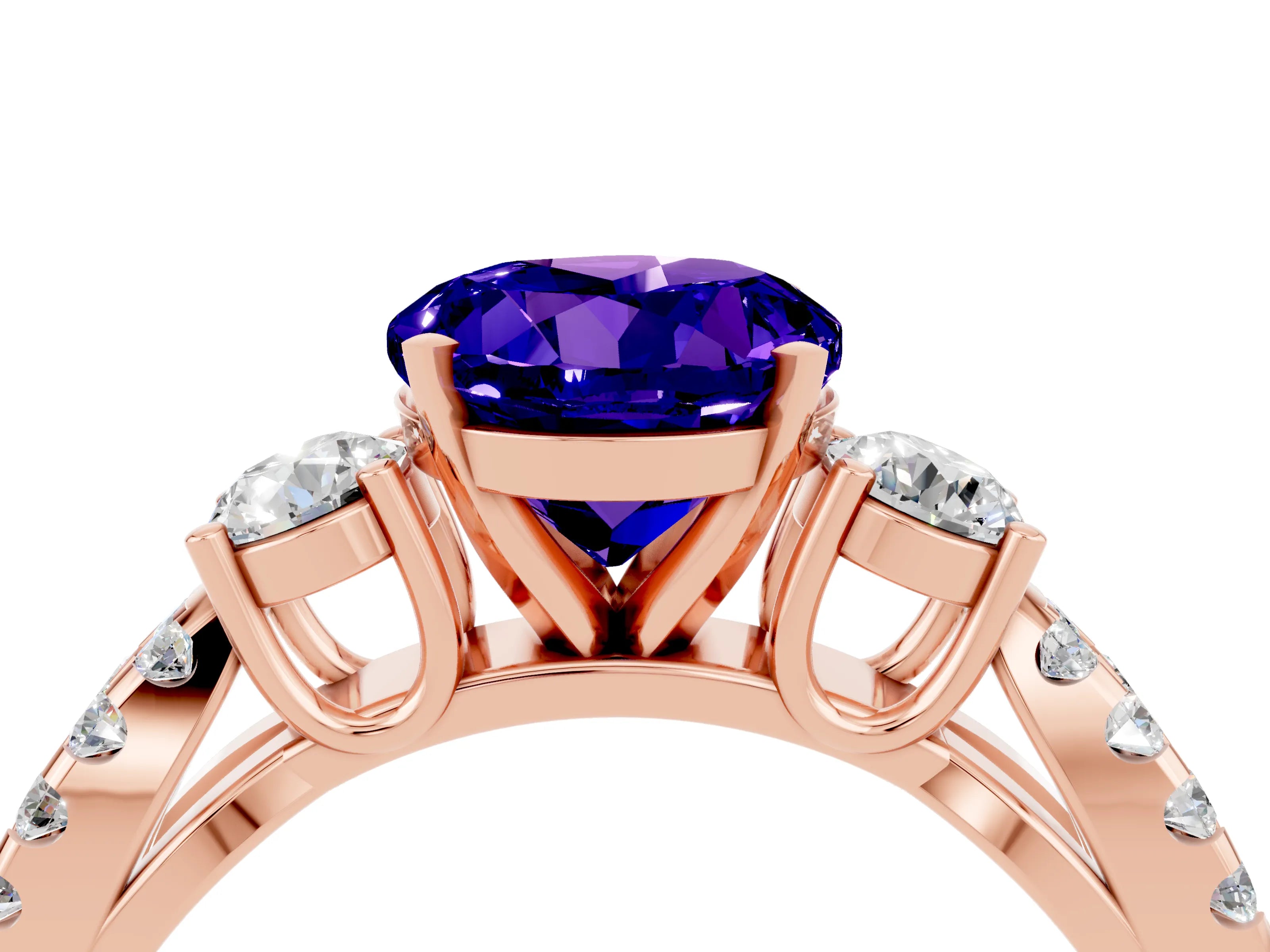 Rose gold Round Cut Tanzanite Three-Stone Ring with Pavé Split Shank and Four-Prong Setting_4