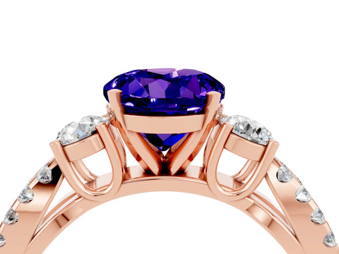 Rose gold Round Cut Tanzanite Three-Stone Ring with Pavé Split Shank and Four-Prong Setting_4