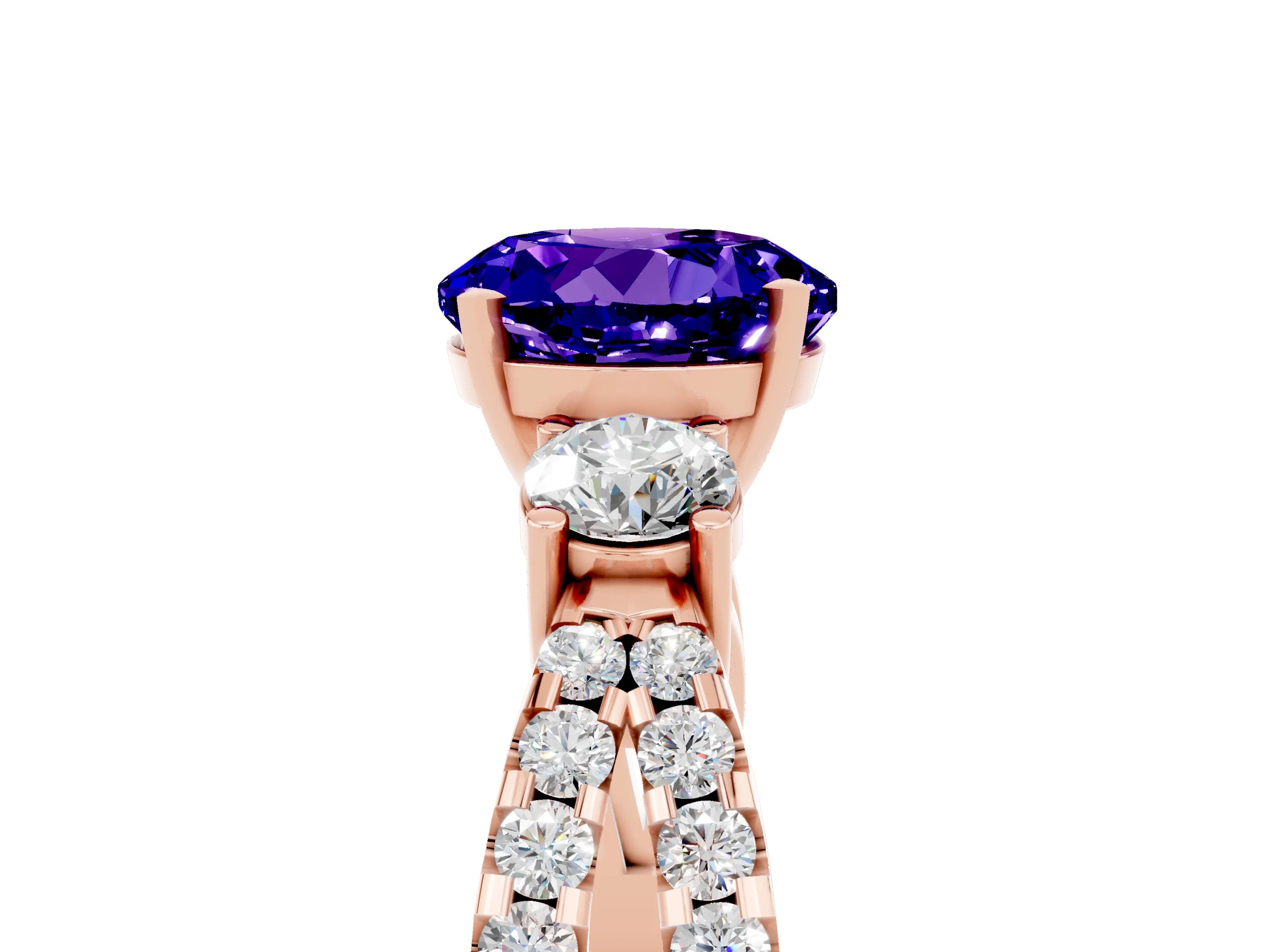 Rose gold Round Cut Tanzanite Three-Stone Ring with Pavé Split Shank and Four-Prong Setting_5