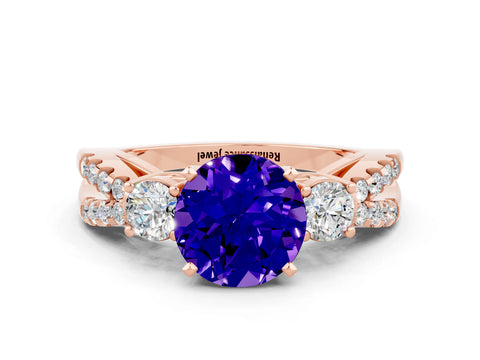 Rose gold Round Cut Tanzanite Three-Stone Ring with Pavé Split Shank and Four-Prong Setting