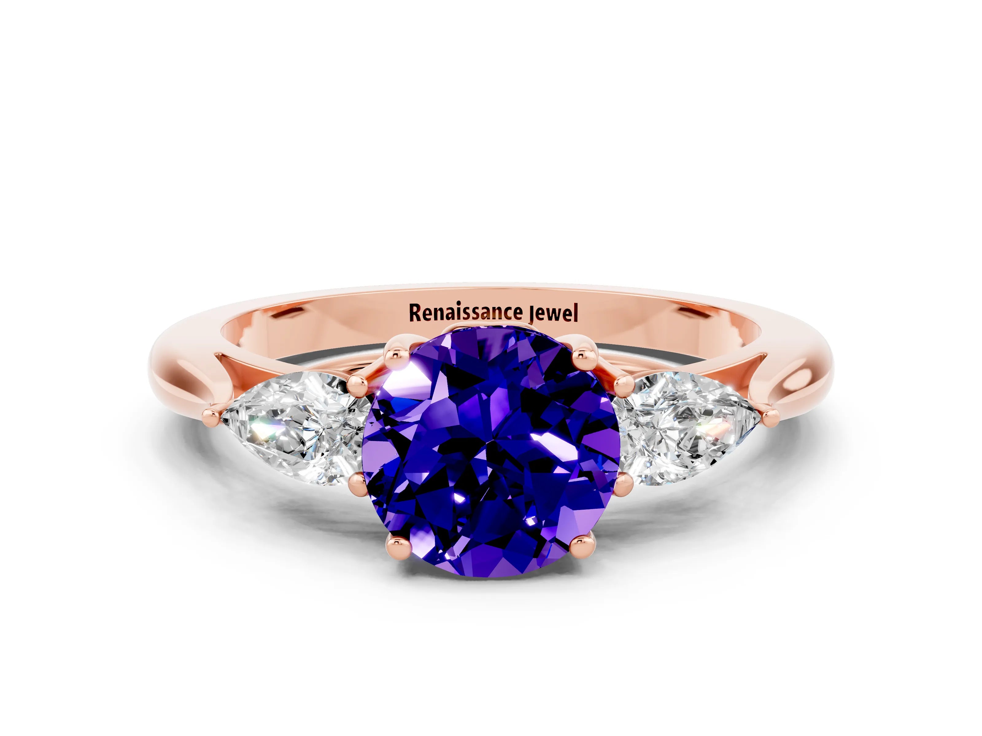 Rose gold Round Cut Tanzanite Three-Stone Ring with Pear Side Stones and Four-Prong Setting_12