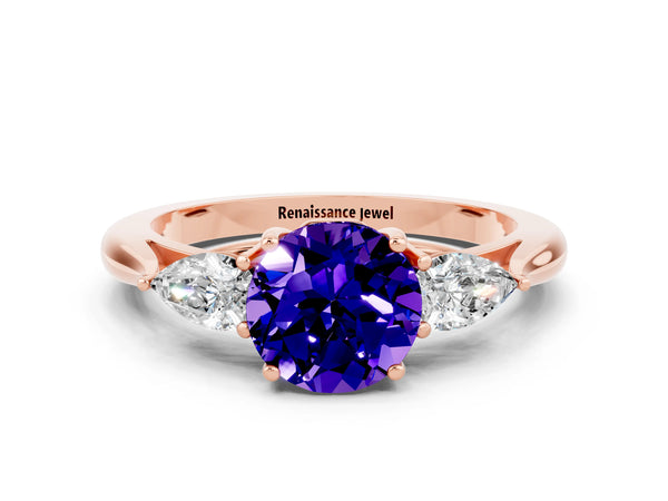 Rose gold Round Cut Tanzanite Three-Stone Ring with Pear  Side Stones and Prong Setting