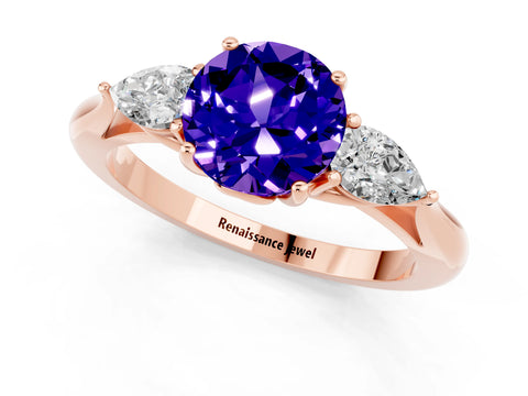 Rose gold Round Cut Tanzanite Three-Stone Ring with Pear Side Stones and Four-Prong Setting_13