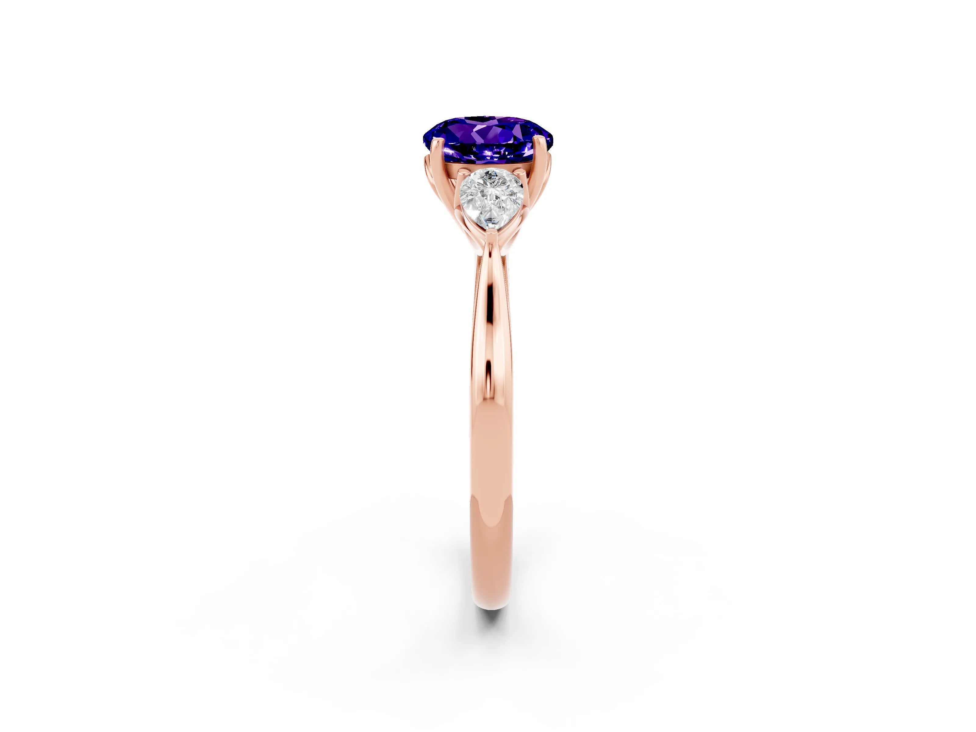 Rose gold Round Cut Tanzanite Three-Stone Ring with Pear Side Stones and Four-Prong Setting_14