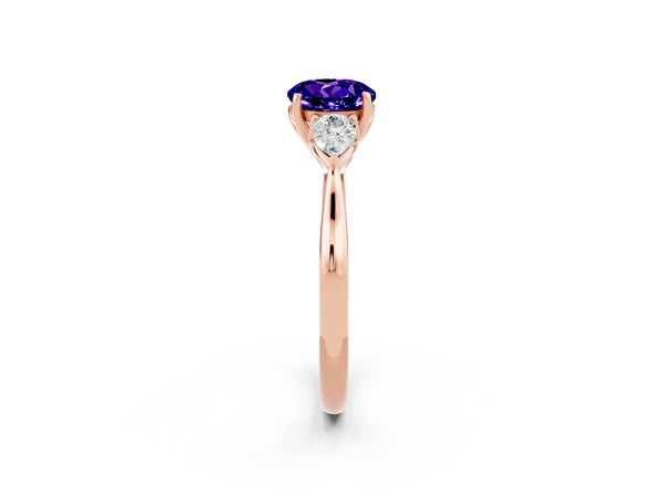 Rose gold Round Cut Tanzanite Three-Stone Ring with Pear  Side Stones and Prong Setting
