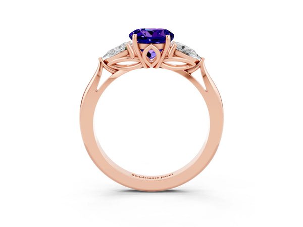 Rose gold Round Cut Tanzanite Three-Stone Ring with Pear  Side Stones and Prong Setting