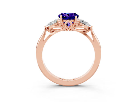 Rose gold Round Cut Tanzanite Three-Stone Ring with Pear Side Stones and Four-Prong Setting_15