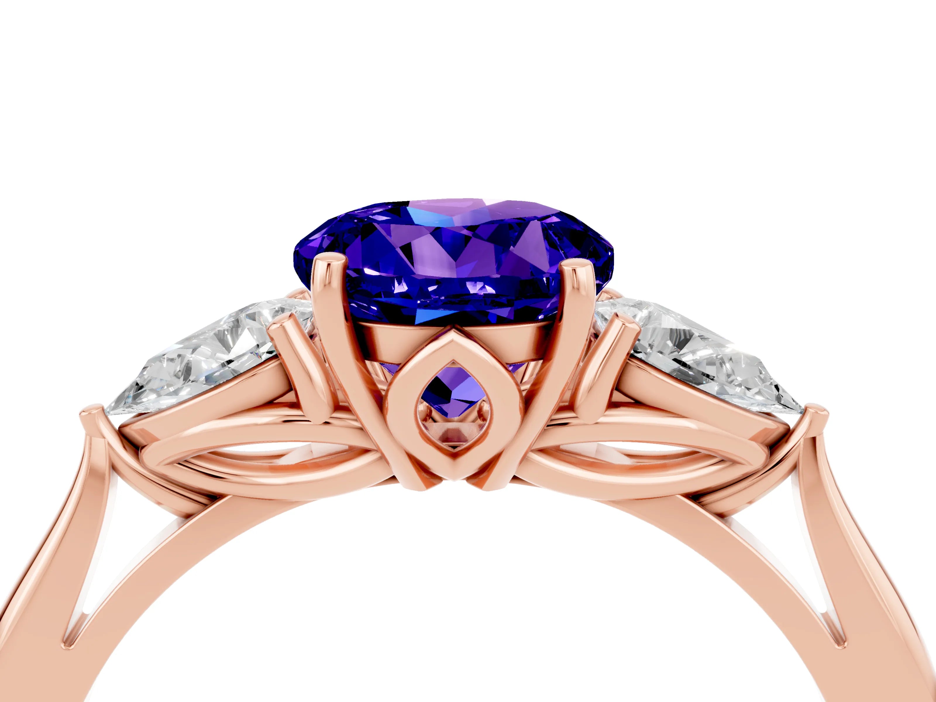 Rose gold Round Cut Tanzanite Three-Stone Ring with Pear Side Stones and Four-Prong Setting_16