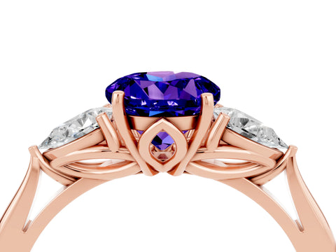 Rose gold Round Cut Tanzanite Three-Stone Ring with Pear Side Stones and Four-Prong Setting_16