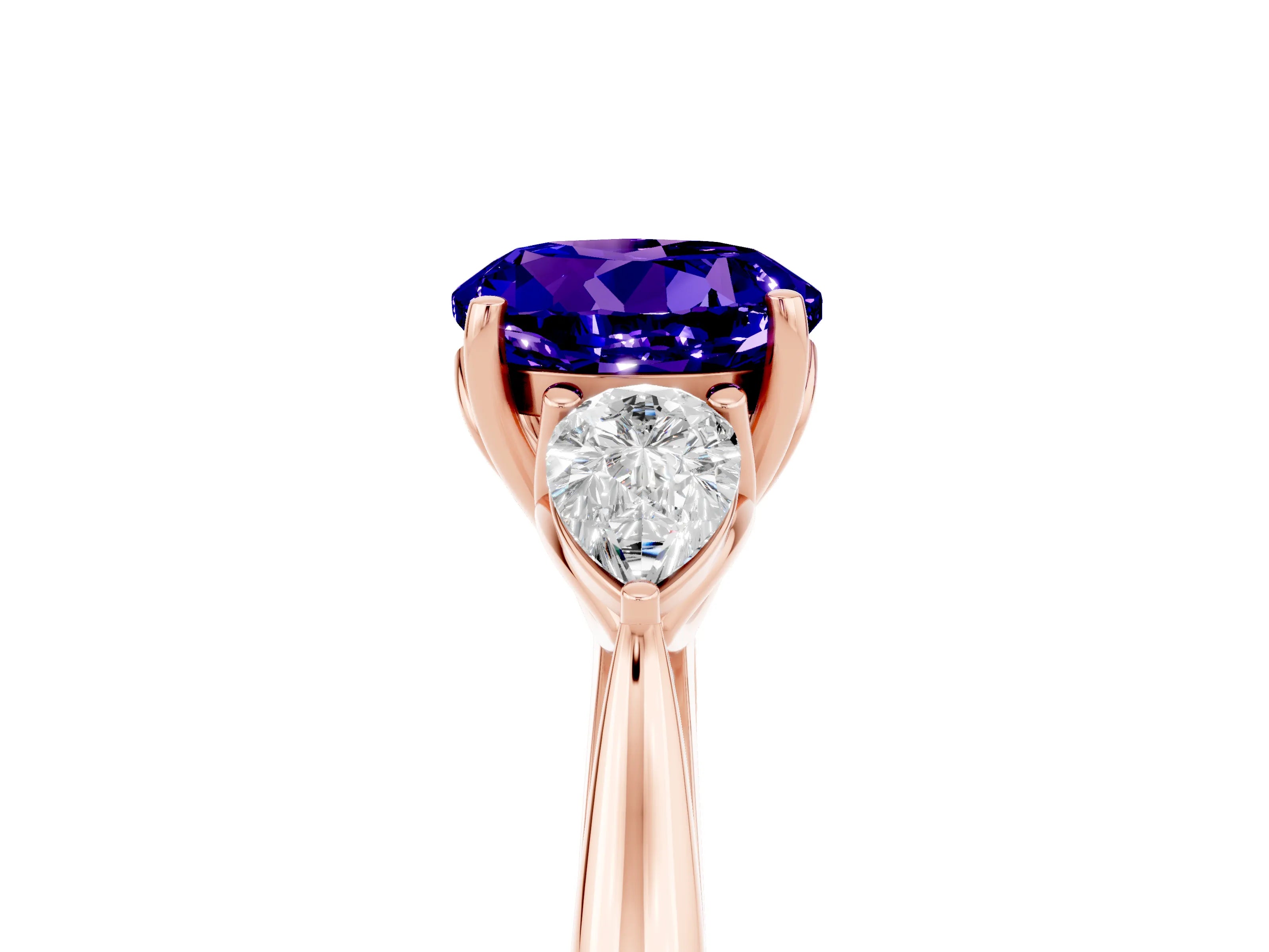 Rose gold Round Cut Tanzanite Three-Stone Ring with Pear Side Stones and Four-Prong Setting_17