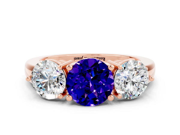 Rose gold Round Cut Tanzanite Three-Stone Ring with Prong Setting and Classic Band